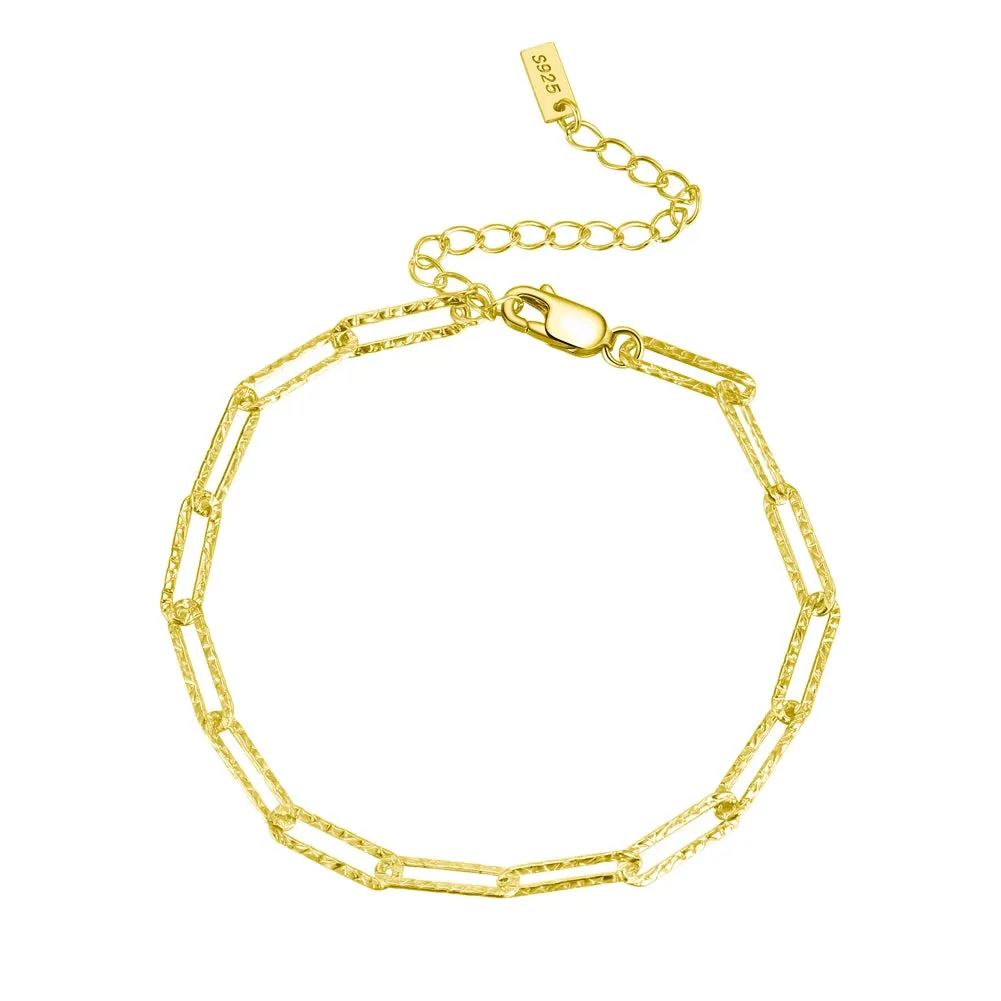 925 Sterling Silver Handmade 3.5mm Paperclip Link Hammered Chain Bracelet for Women