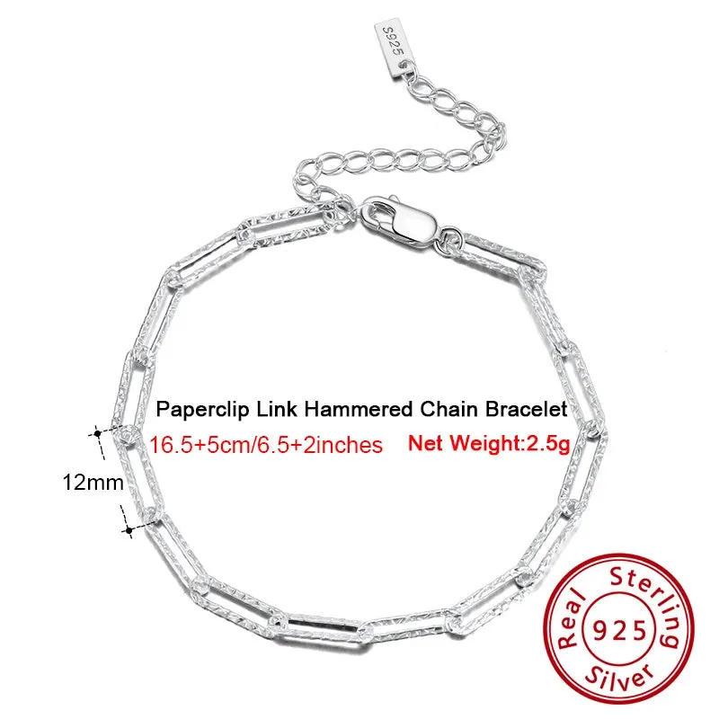 925 Sterling Silver Handmade 3.5mm Paperclip Link Hammered Chain Bracelet for Women