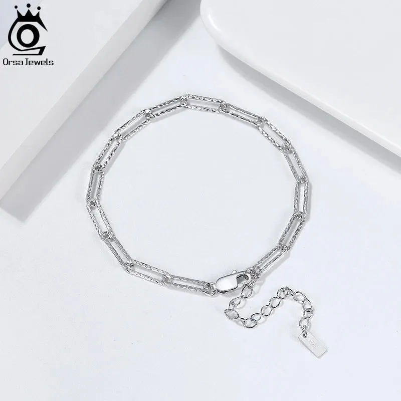 925 Sterling Silver Handmade 3.5mm Paperclip Link Hammered Chain Bracelet for Women