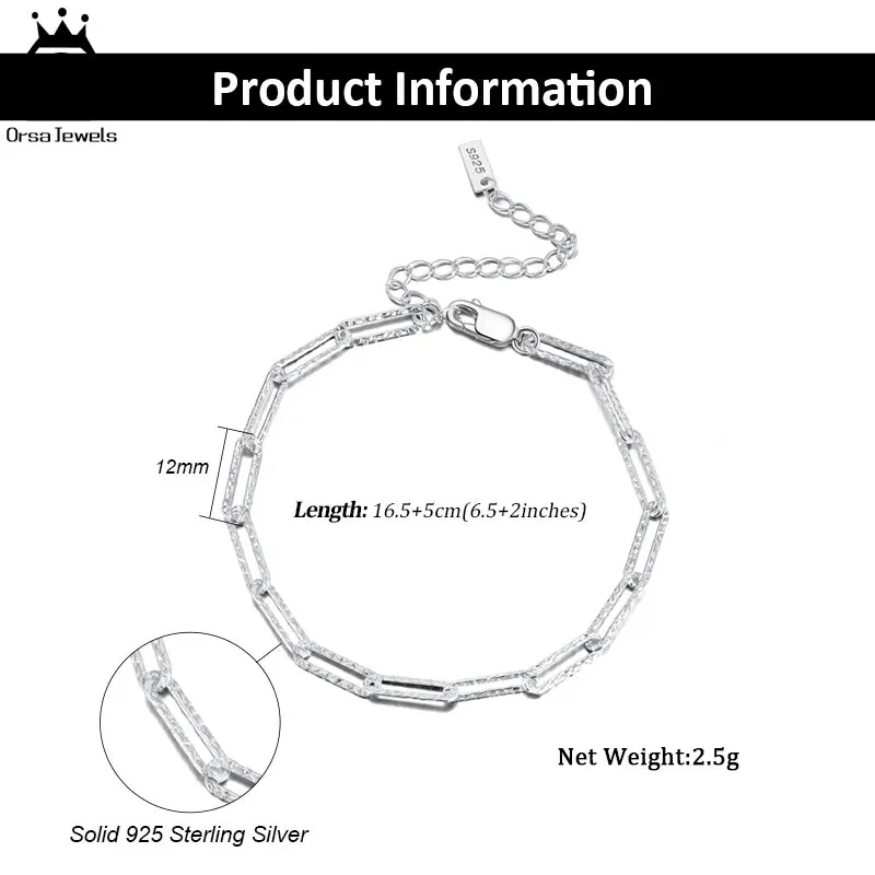 925 Sterling Silver Handmade 3.5mm Paperclip Link Hammered Chain Bracelet for Women