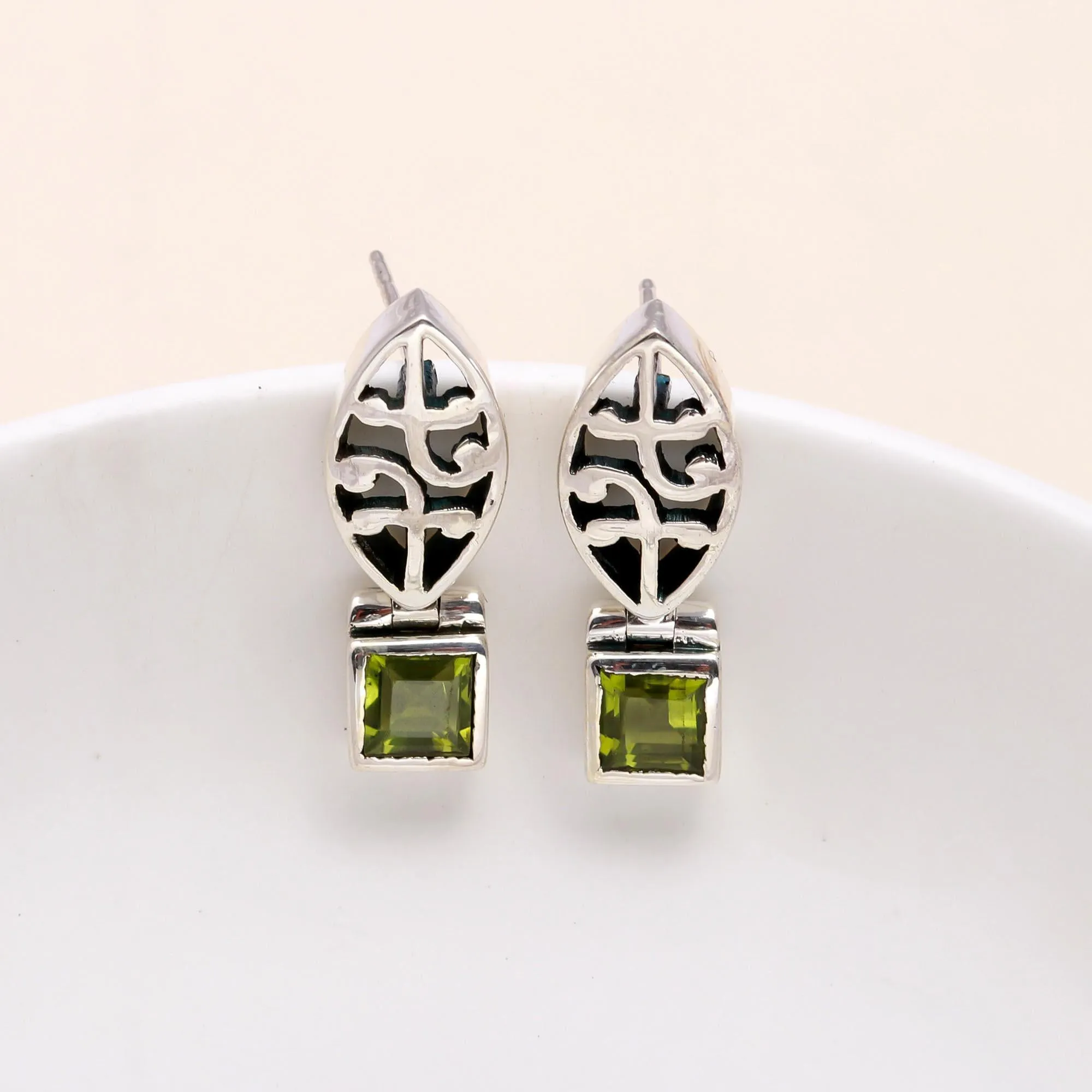 925 Sterling Silver Square Cut Peridot Dangle Earrings