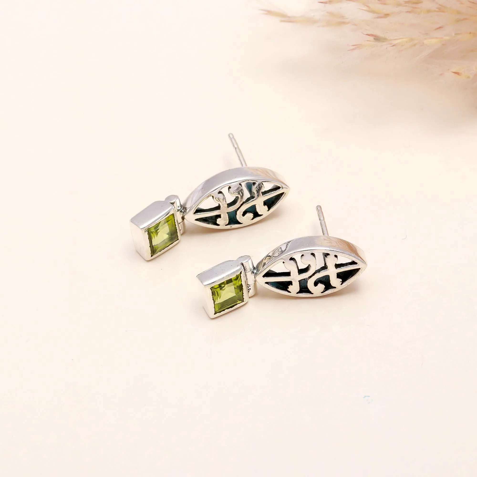 925 Sterling Silver Square Cut Peridot Dangle Earrings