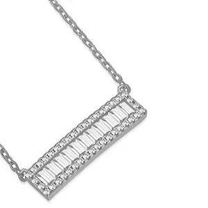925 Sterling Silver White Clear Baguette-Shape CZ Sideways Bar Pendant Necklace