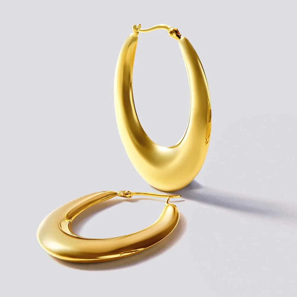 9ct Yellow Gold Silver Filled Bold Tube Knife Edged Oval Hoop Earrings