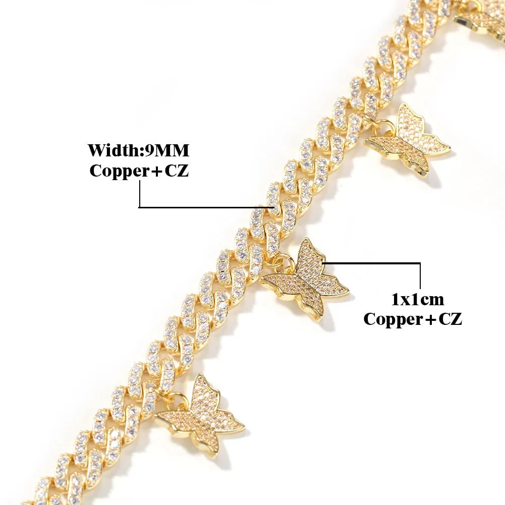 9mm Cuban anklet/ Bracelet With Butterfly  (CHOOSE BRACELET OR ANKLET)