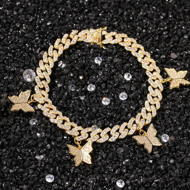 9mm Cuban anklet/ Bracelet With Butterfly  (CHOOSE BRACELET OR ANKLET)