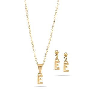 ALPHABET "E" GOLD SMALL PENDANT SHORT NECKLACE AND EARRINGS SET #SWKK-11768EGLD (IH7)