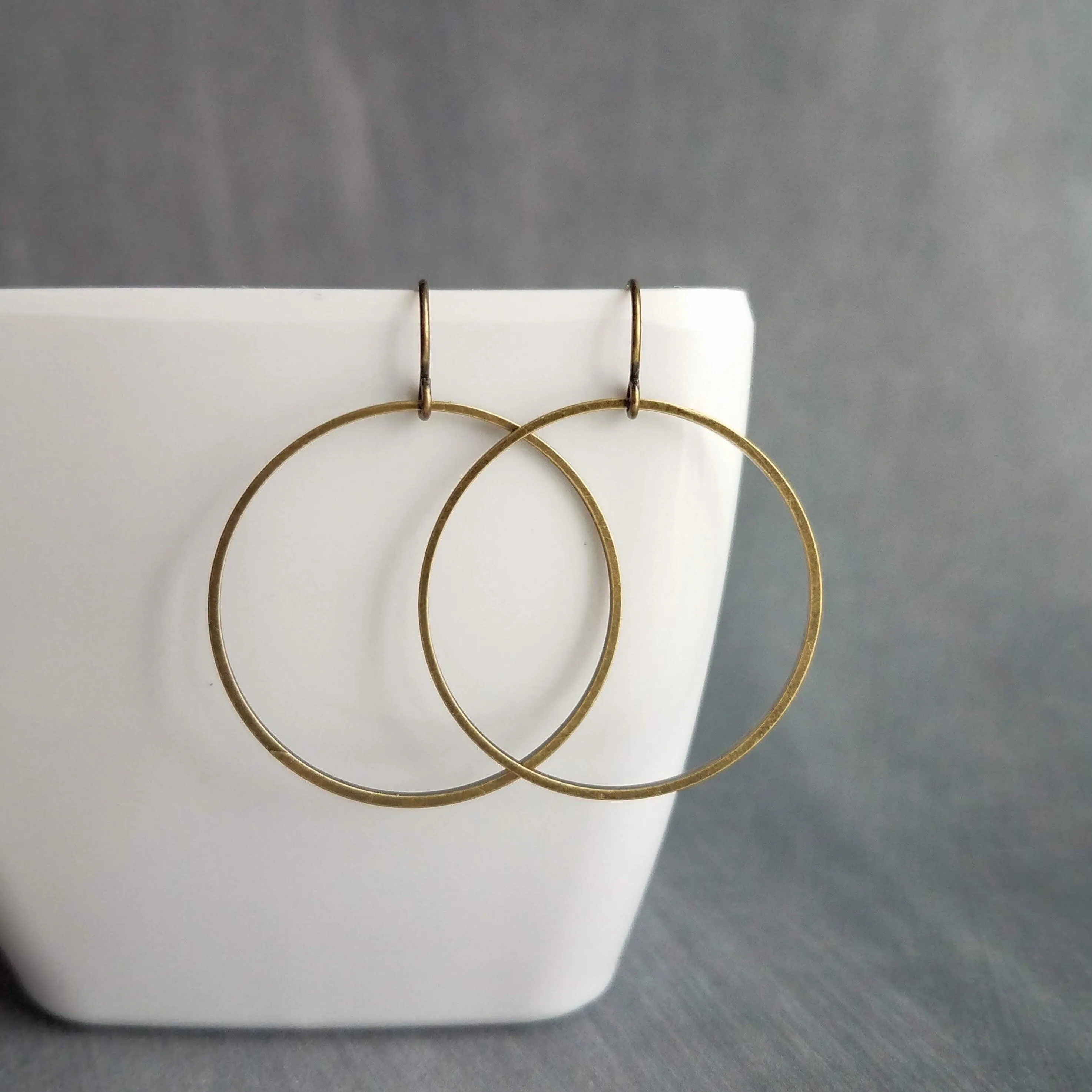 Antique Bronze Hoop Earrings, bronze circle earring, oxidized brass earring, thin brass ring, delicate round earring, large lightweight gold
