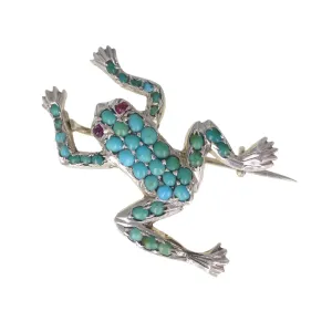 Antique Edwardian Silver Turquoise Frog Brooch