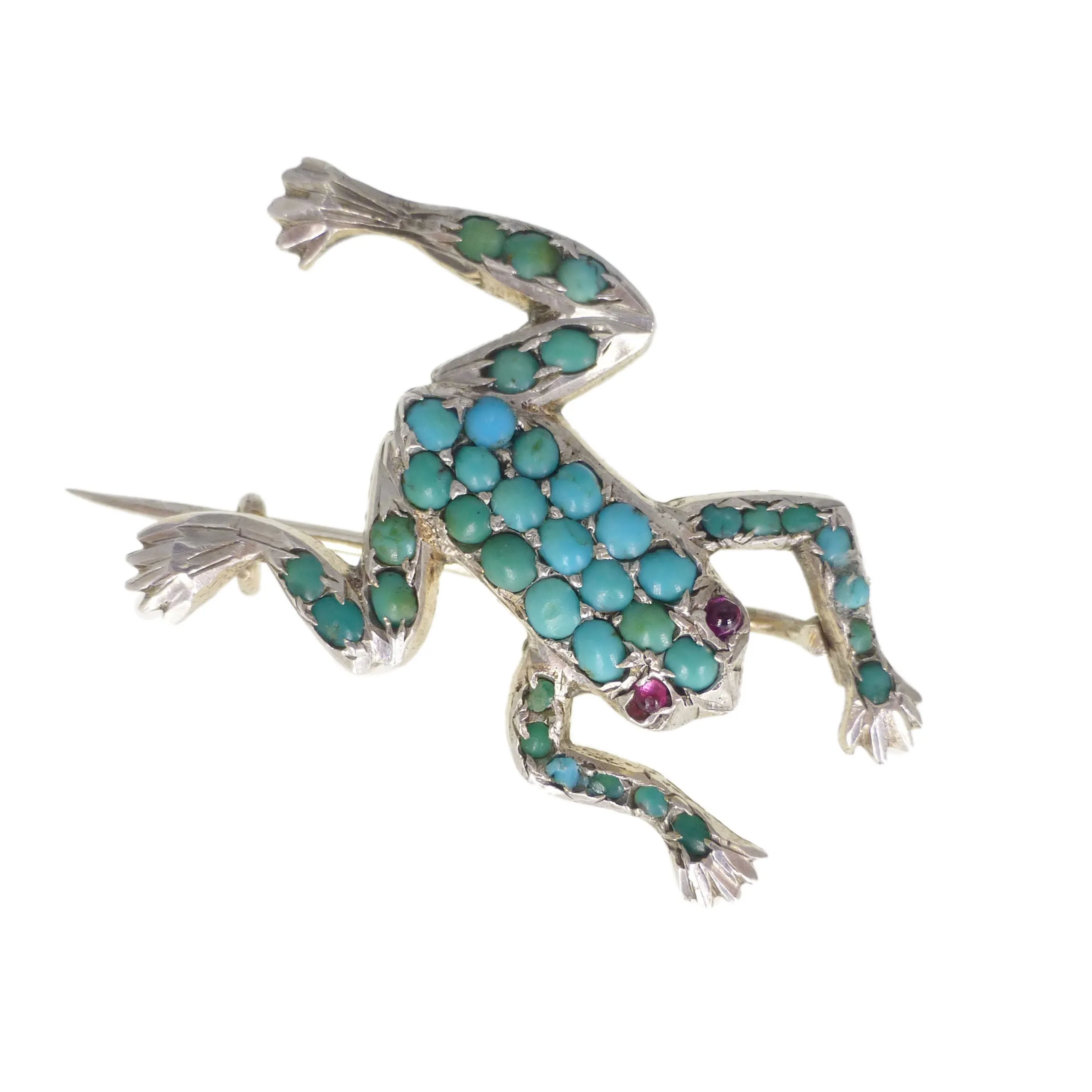 Antique Edwardian Silver Turquoise Frog Brooch