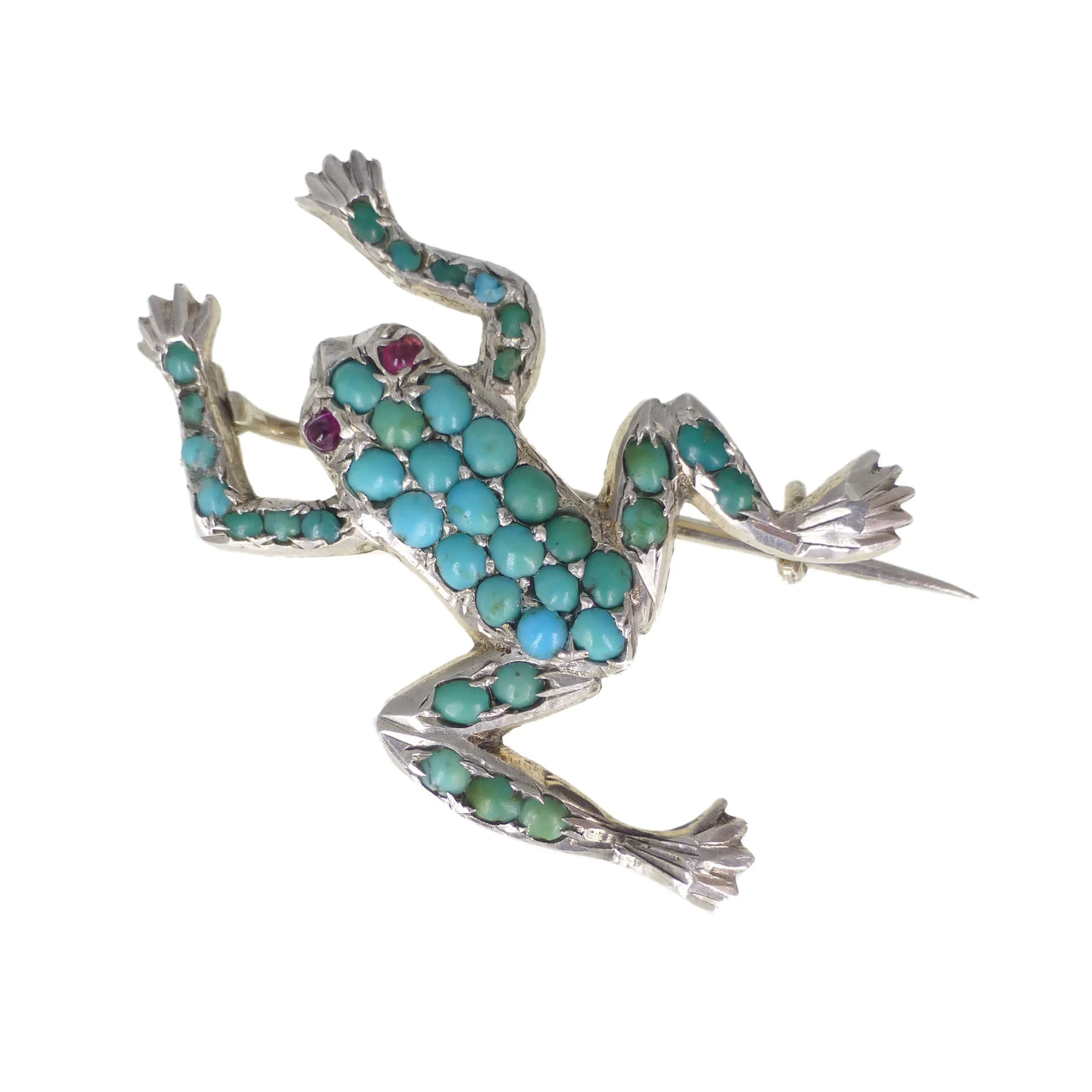 Antique Edwardian Silver Turquoise Frog Brooch