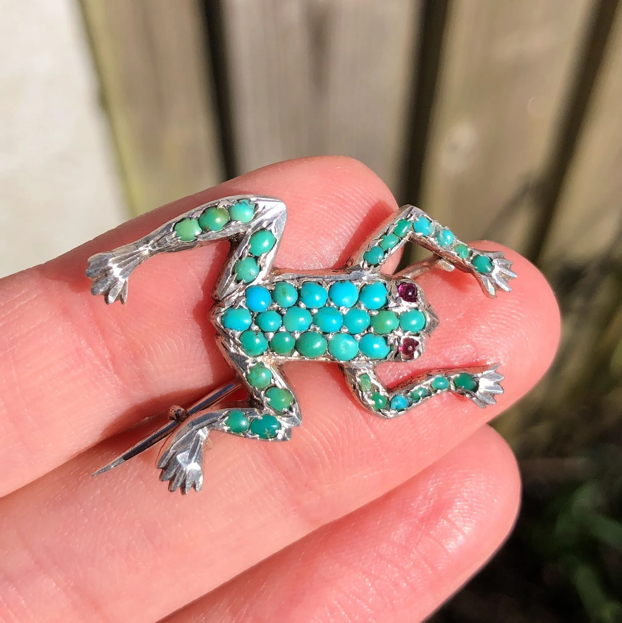 Antique Edwardian Silver Turquoise Frog Brooch