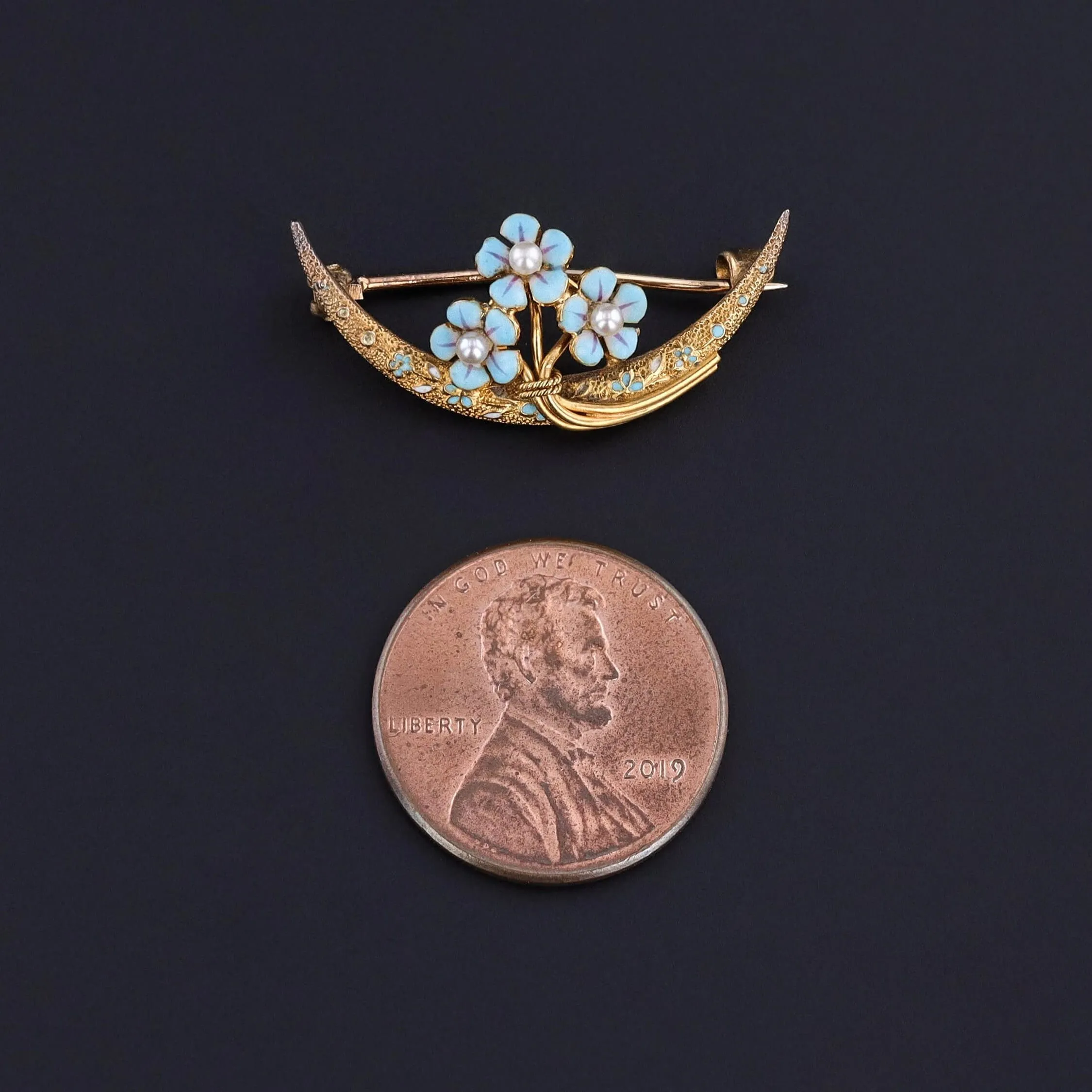 Antique Enamel Honeymoon Pin of 14k Gold