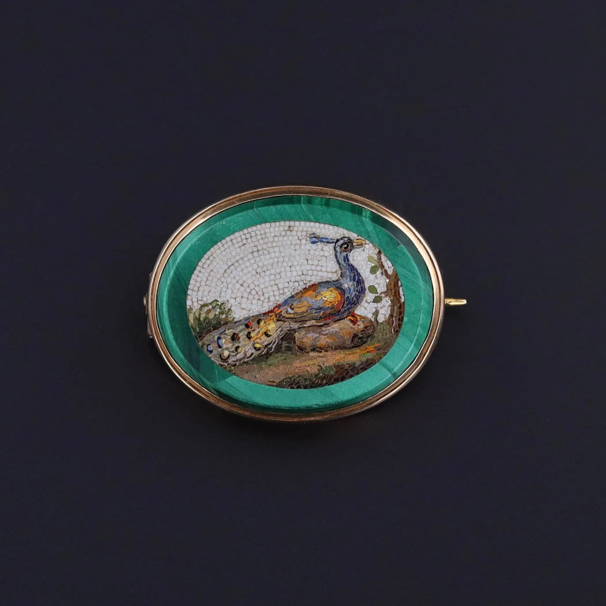 Antique Peacock Micromosaic Brooch of 9ct Gold