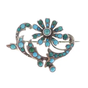 Antique Silver Turquoise Floral Spray Brooch