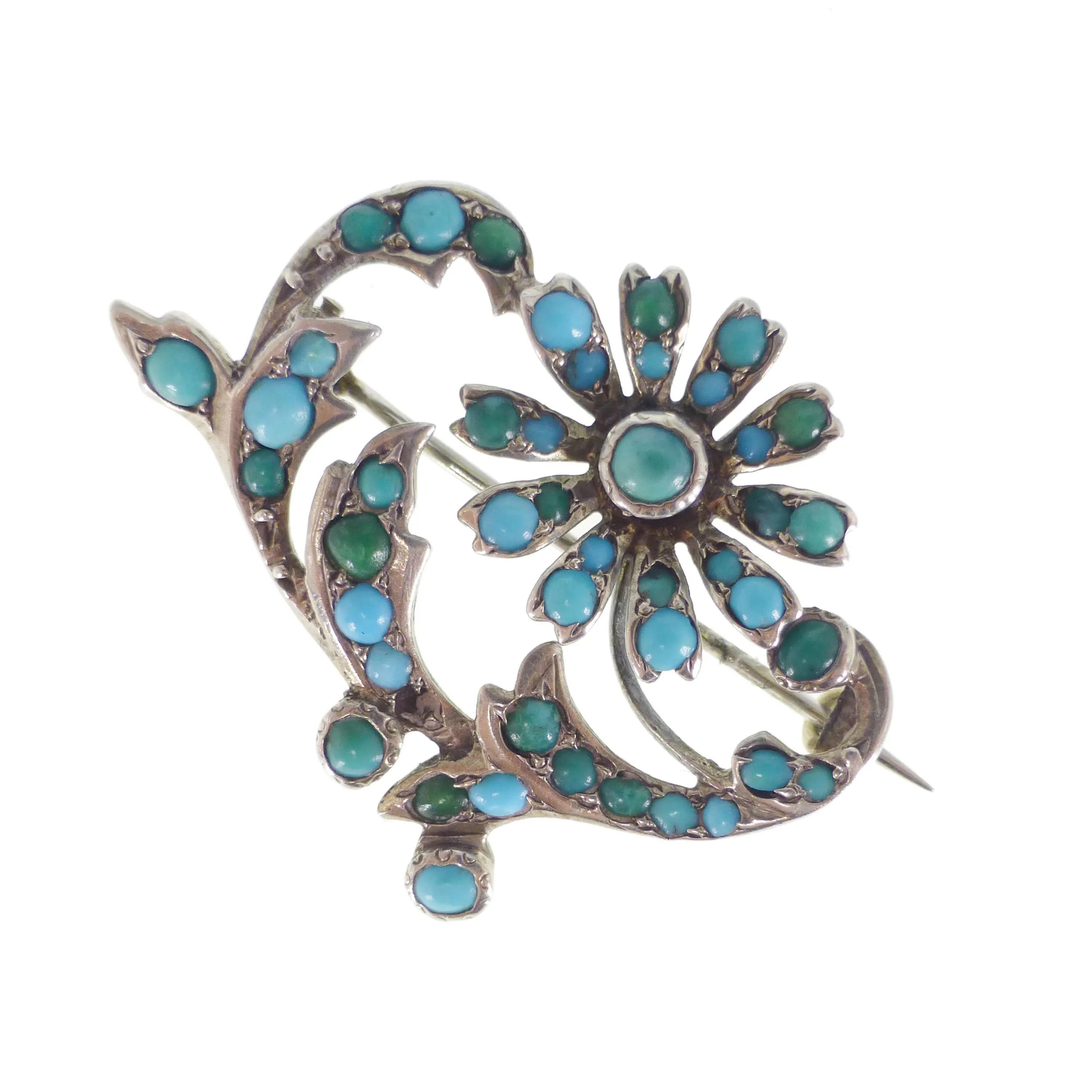 Antique Silver Turquoise Floral Spray Brooch