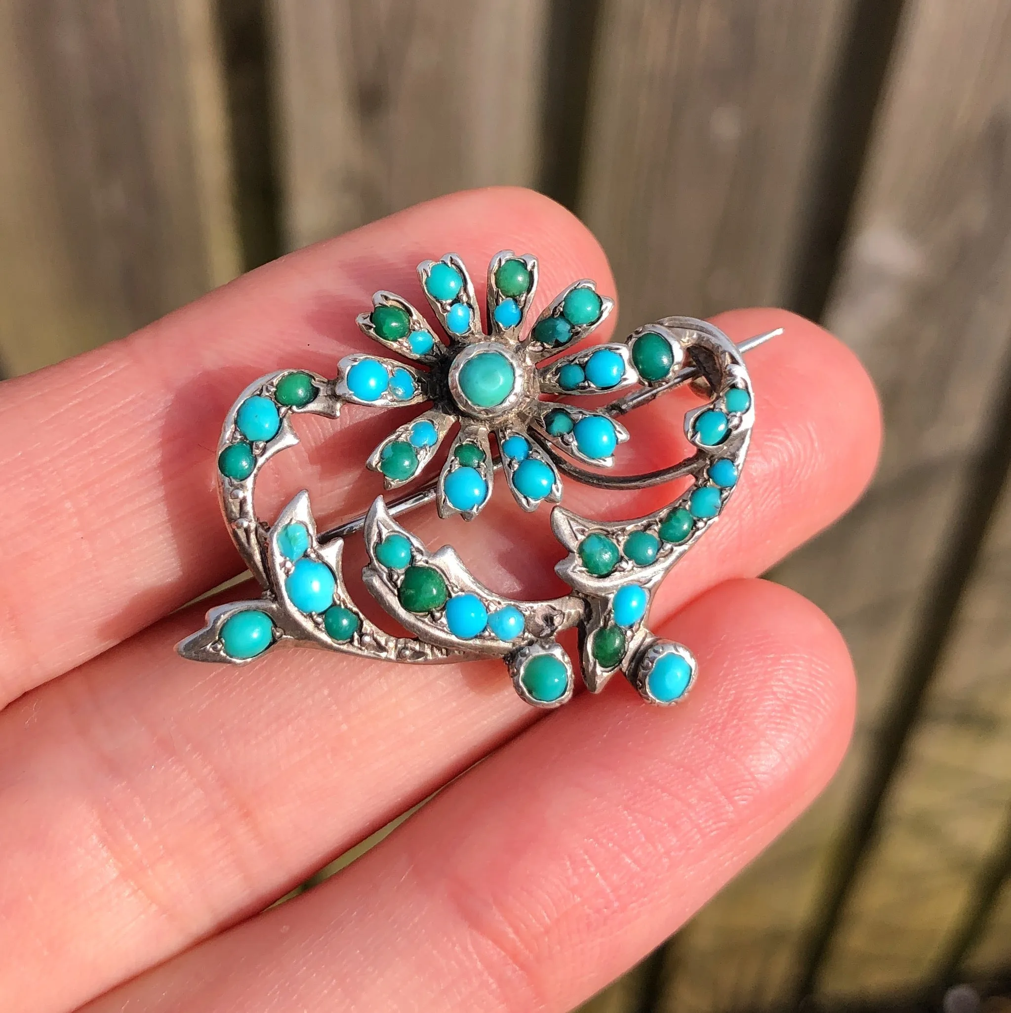 Antique Silver Turquoise Floral Spray Brooch