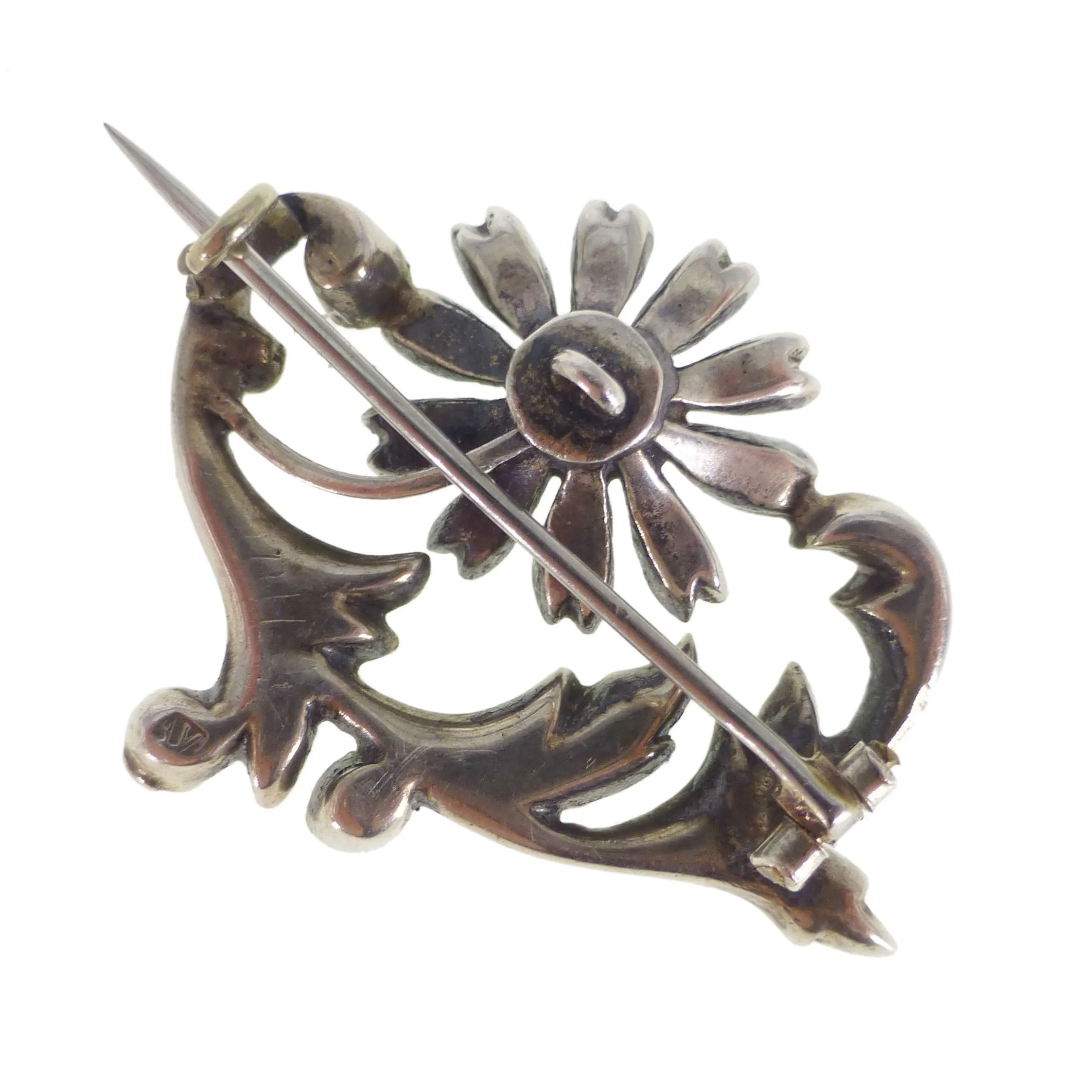 Antique Silver Turquoise Floral Spray Brooch