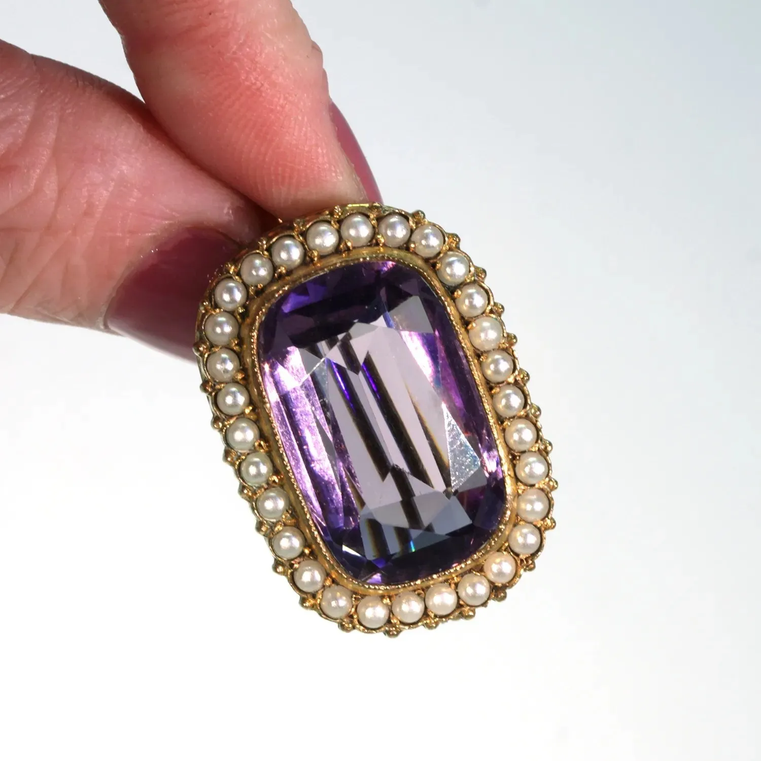 Antique Victorian Amethyst Pearl Brooch Pin Gold