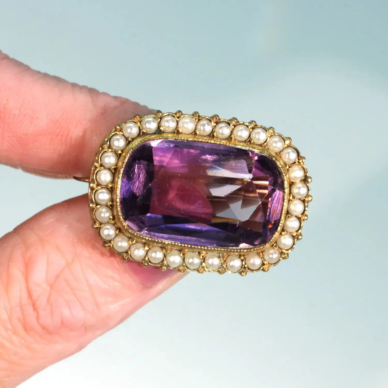 Antique Victorian Amethyst Pearl Brooch Pin Gold