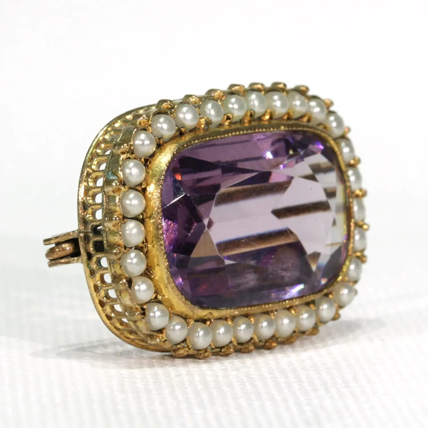 Antique Victorian Amethyst Pearl Brooch Pin Gold