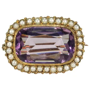Antique Victorian Amethyst Pearl Brooch Pin Gold