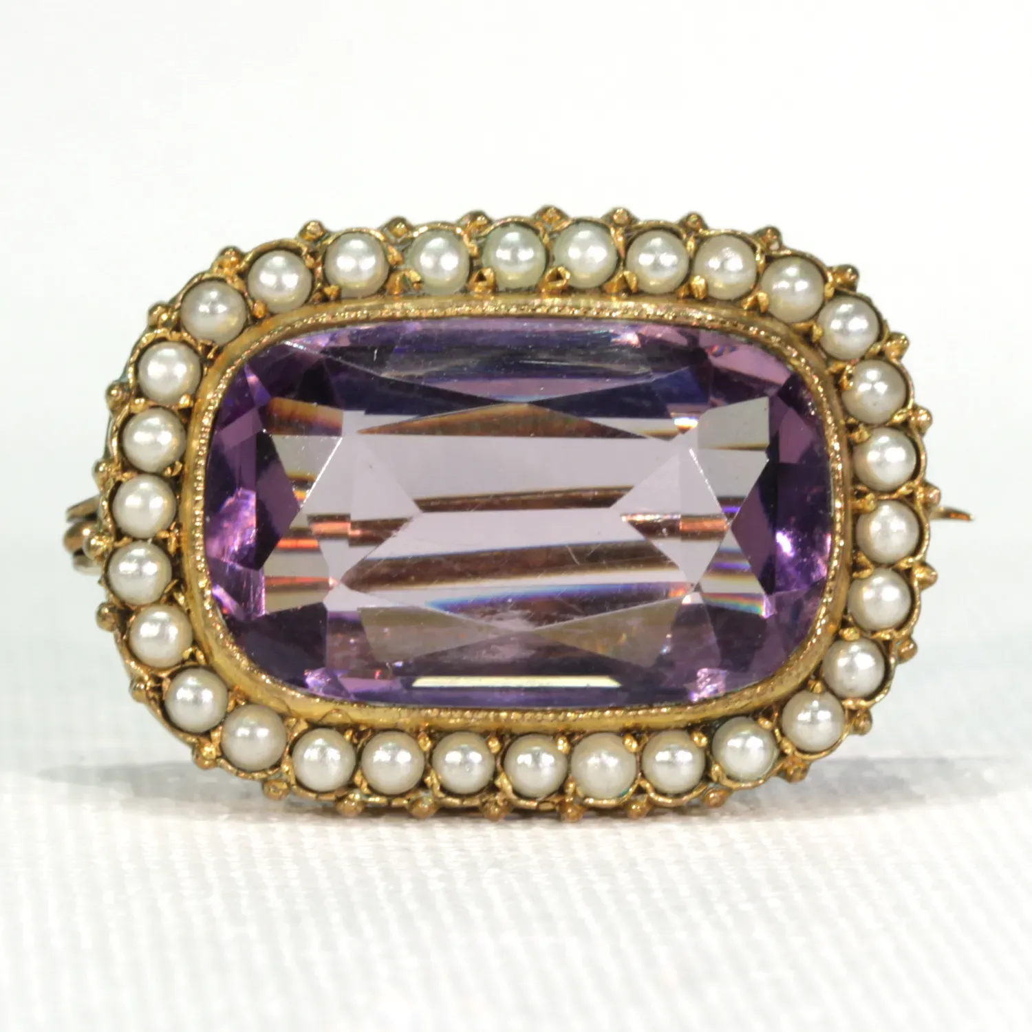 Antique Victorian Amethyst Pearl Brooch Pin Gold