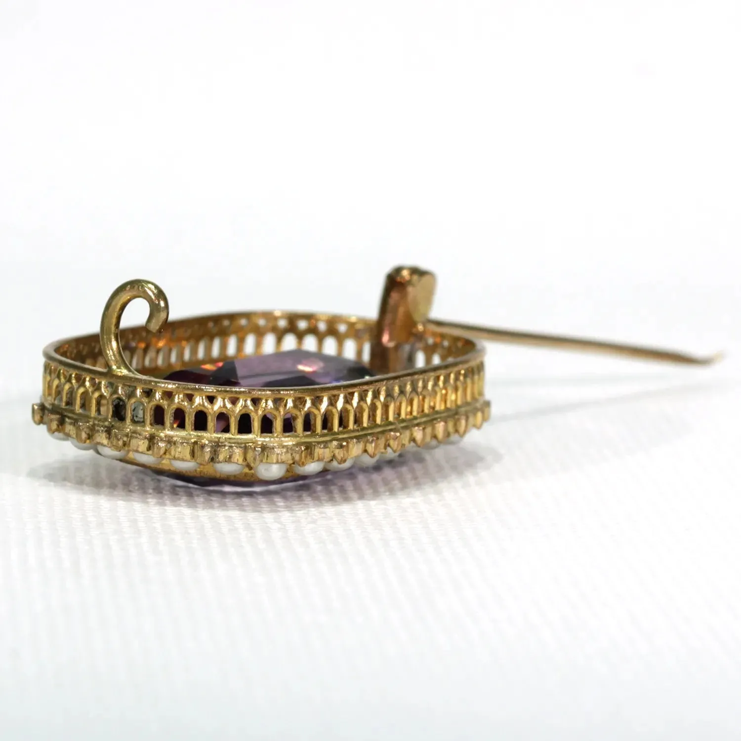 Antique Victorian Amethyst Pearl Brooch Pin Gold