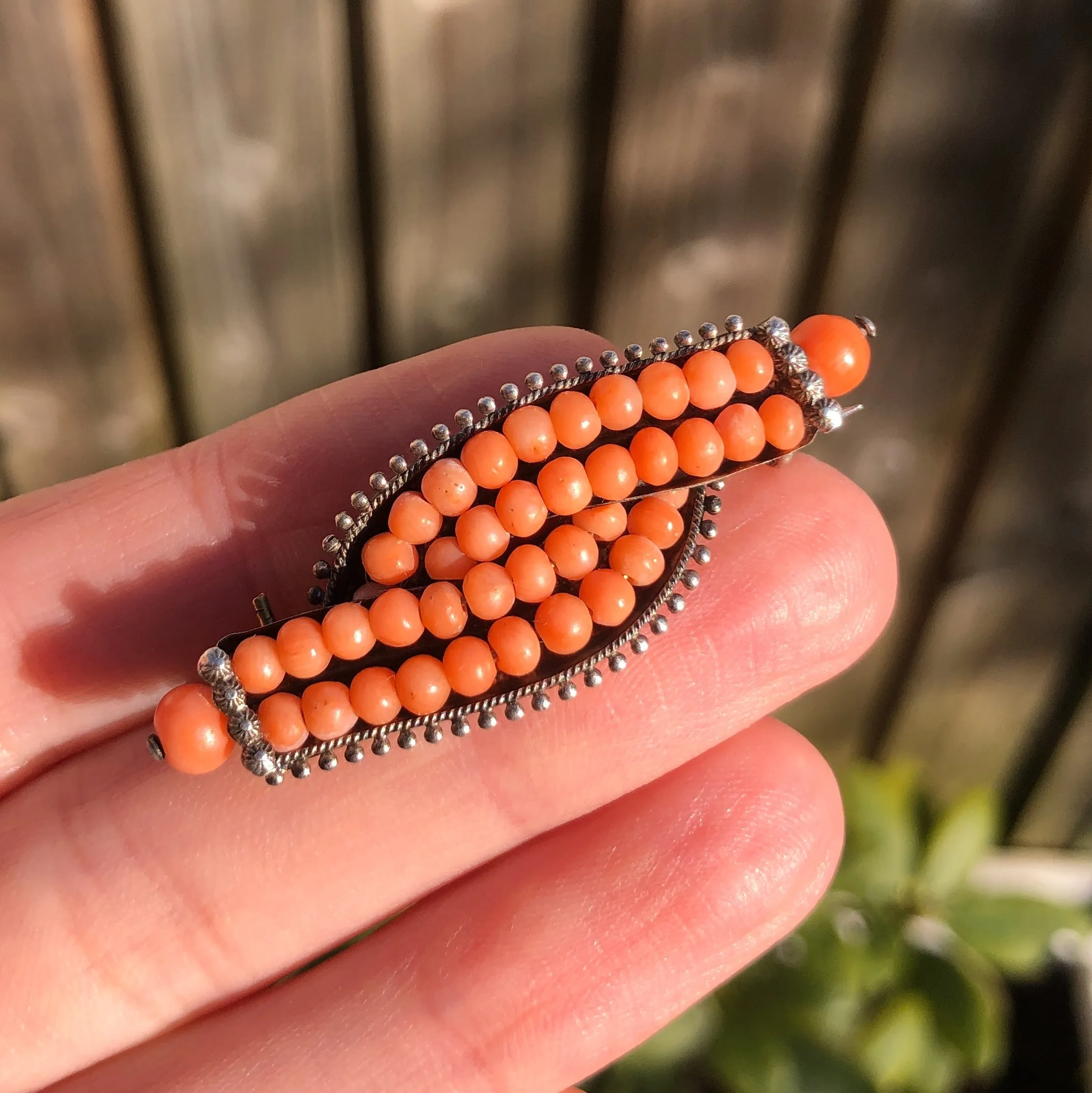 Antique Victorian Silver Coral Bead Scroll Brooch