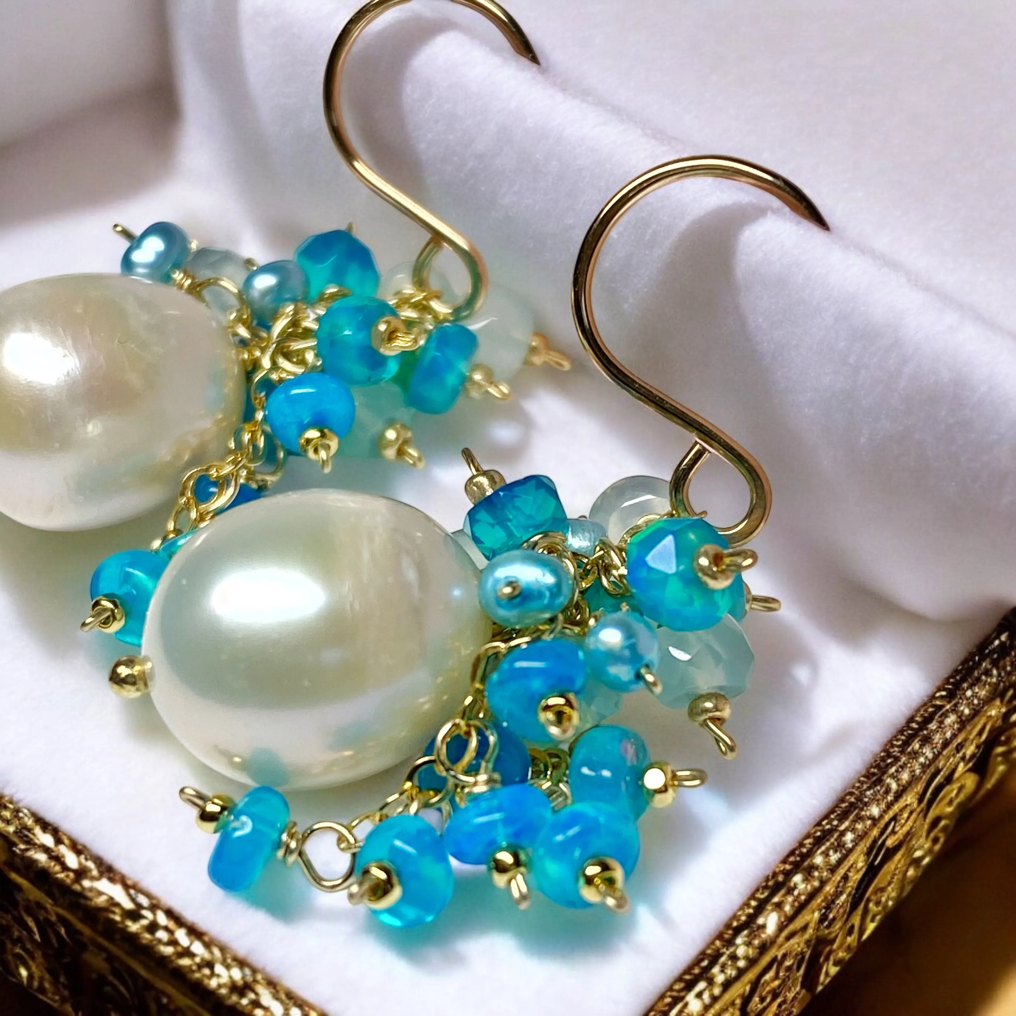 Aqua Gemstone Pearl Cluster Earrings with Opals
