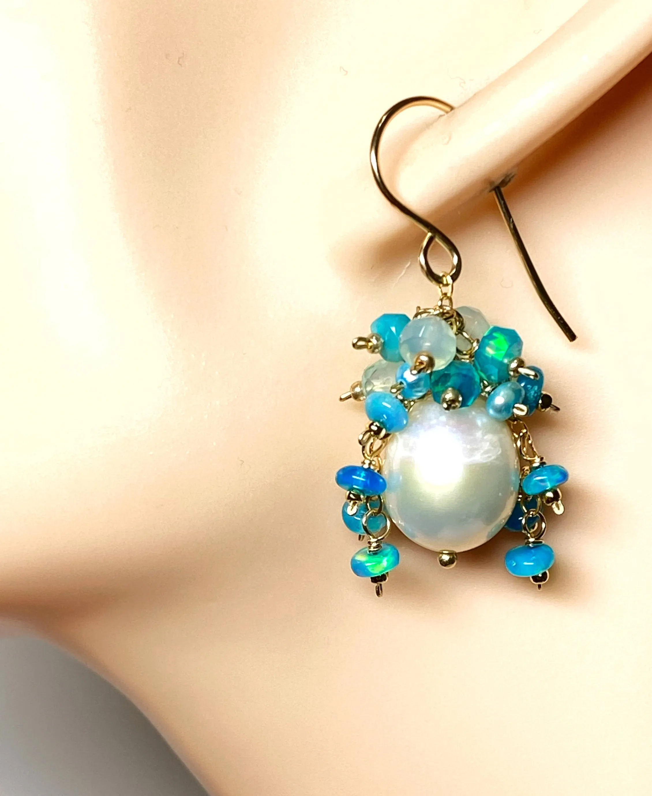 Aqua Gemstone Pearl Cluster Earrings with Opals