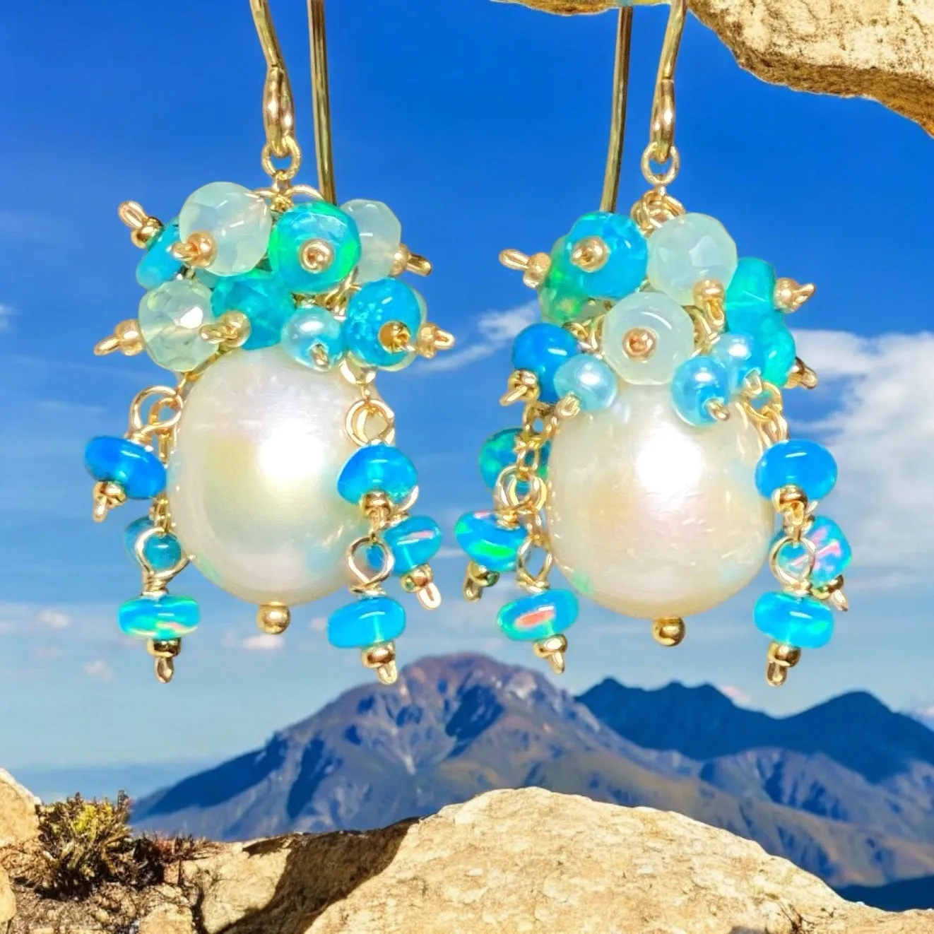 Aqua Gemstone Pearl Cluster Earrings with Opals