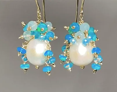 Aqua Gemstone Pearl Cluster Earrings with Opals