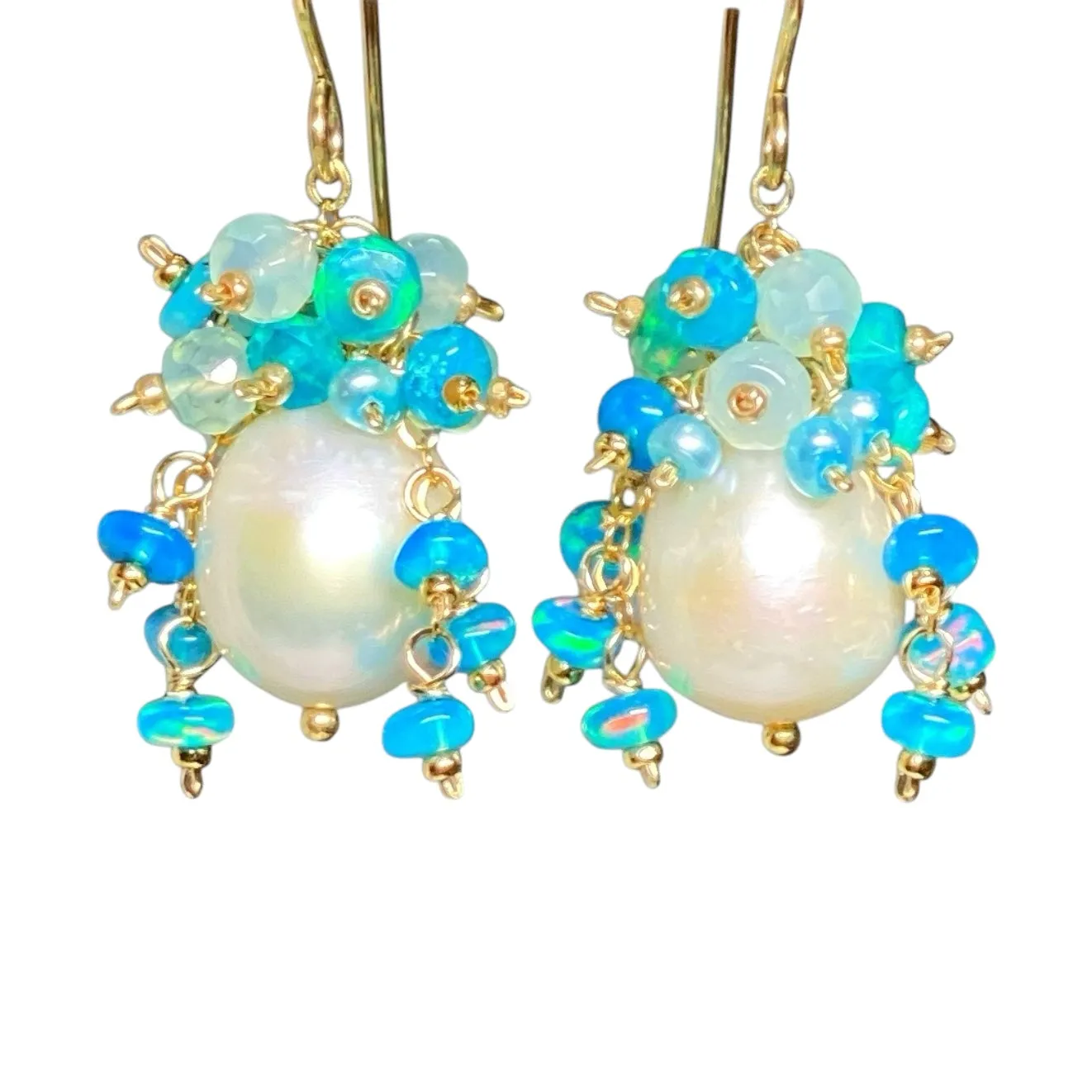 Aqua Gemstone Pearl Cluster Earrings with Opals