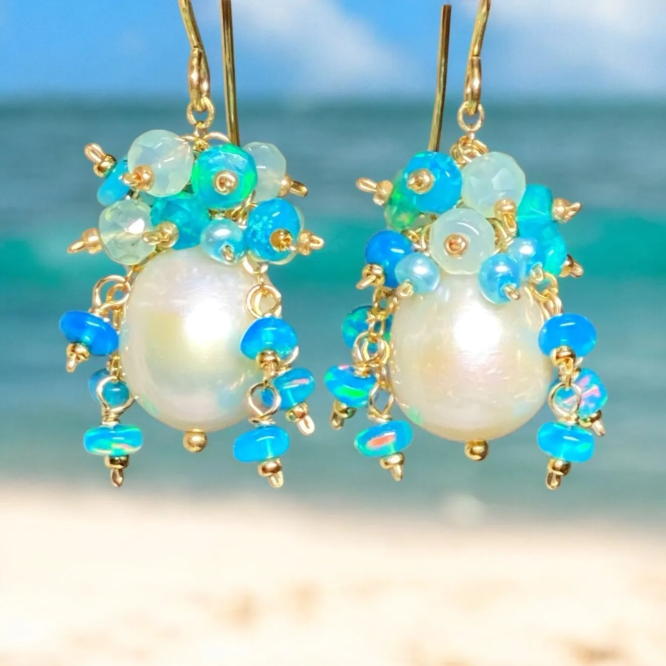 Aqua Gemstone Pearl Cluster Earrings with Opals