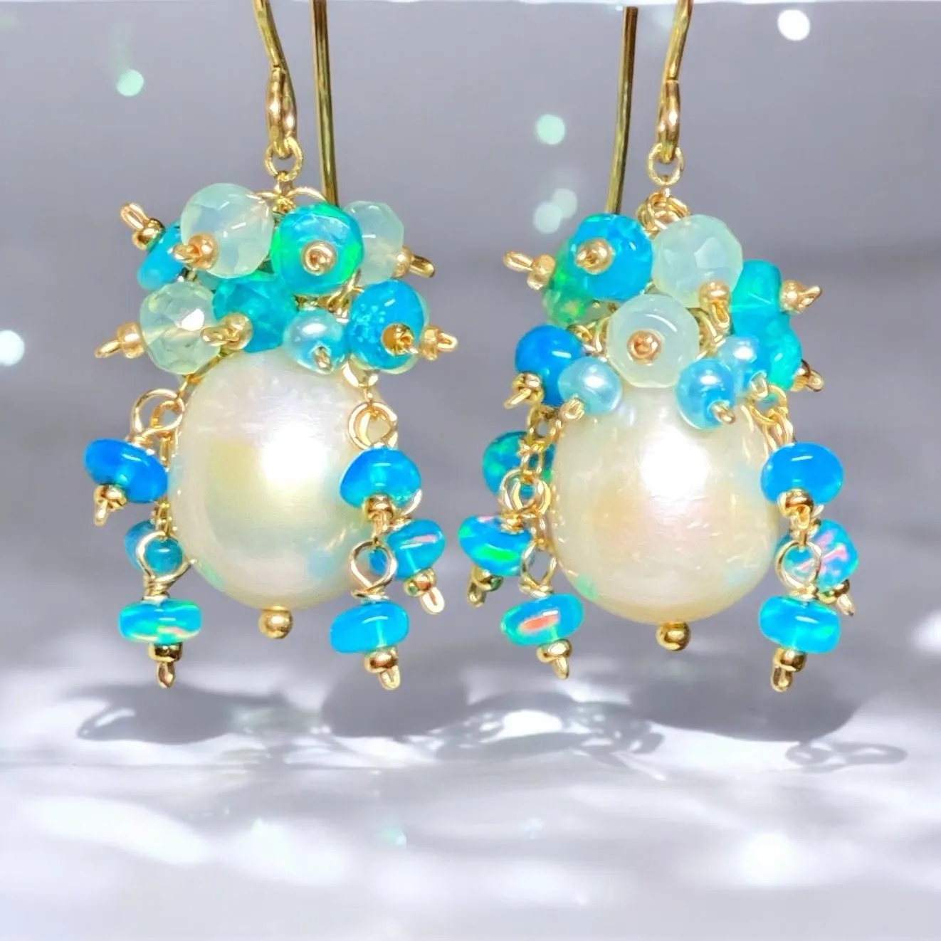 Aqua Gemstone Pearl Cluster Earrings with Opals
