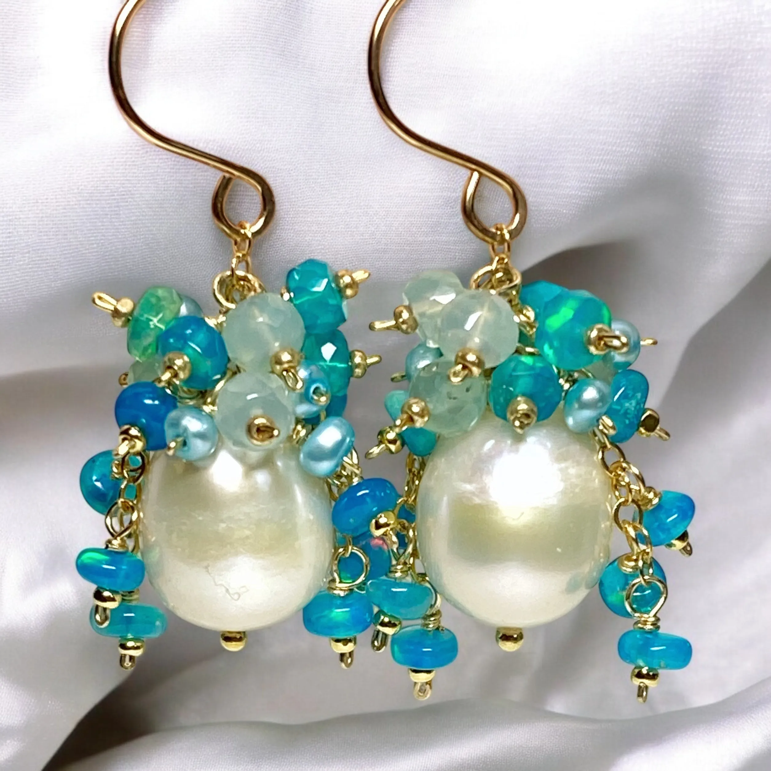 Aqua Gemstone Pearl Cluster Earrings with Opals