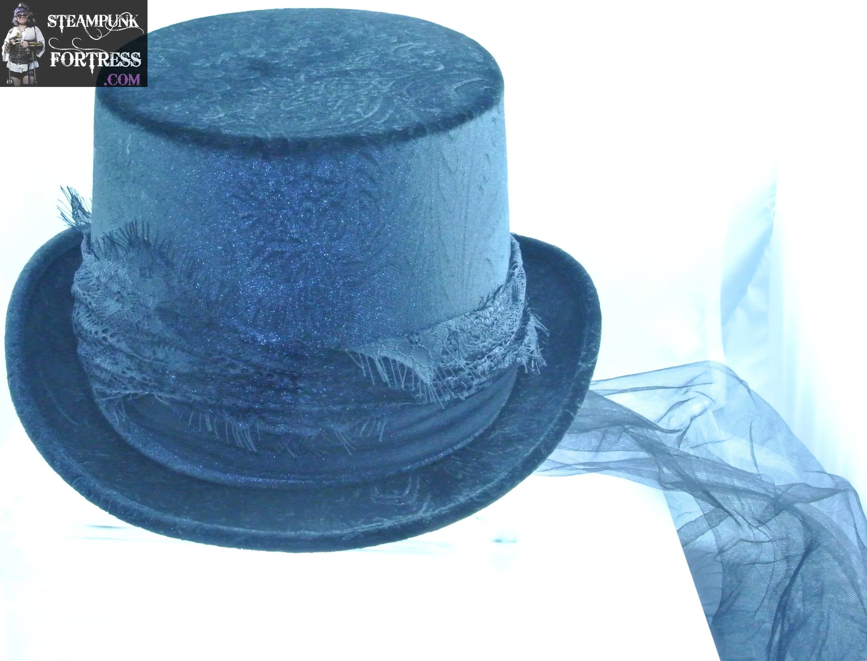 BLACK VELVET EMBOSSED FLORAL FLOWERS BLACK LACE RIBBON BAND EXTRA LARGE XL MINIMALIST FULL SIZE TOP HAT STEAMPUNK HAT STEAMPUNK FORTRESS- MASS PRODUCED