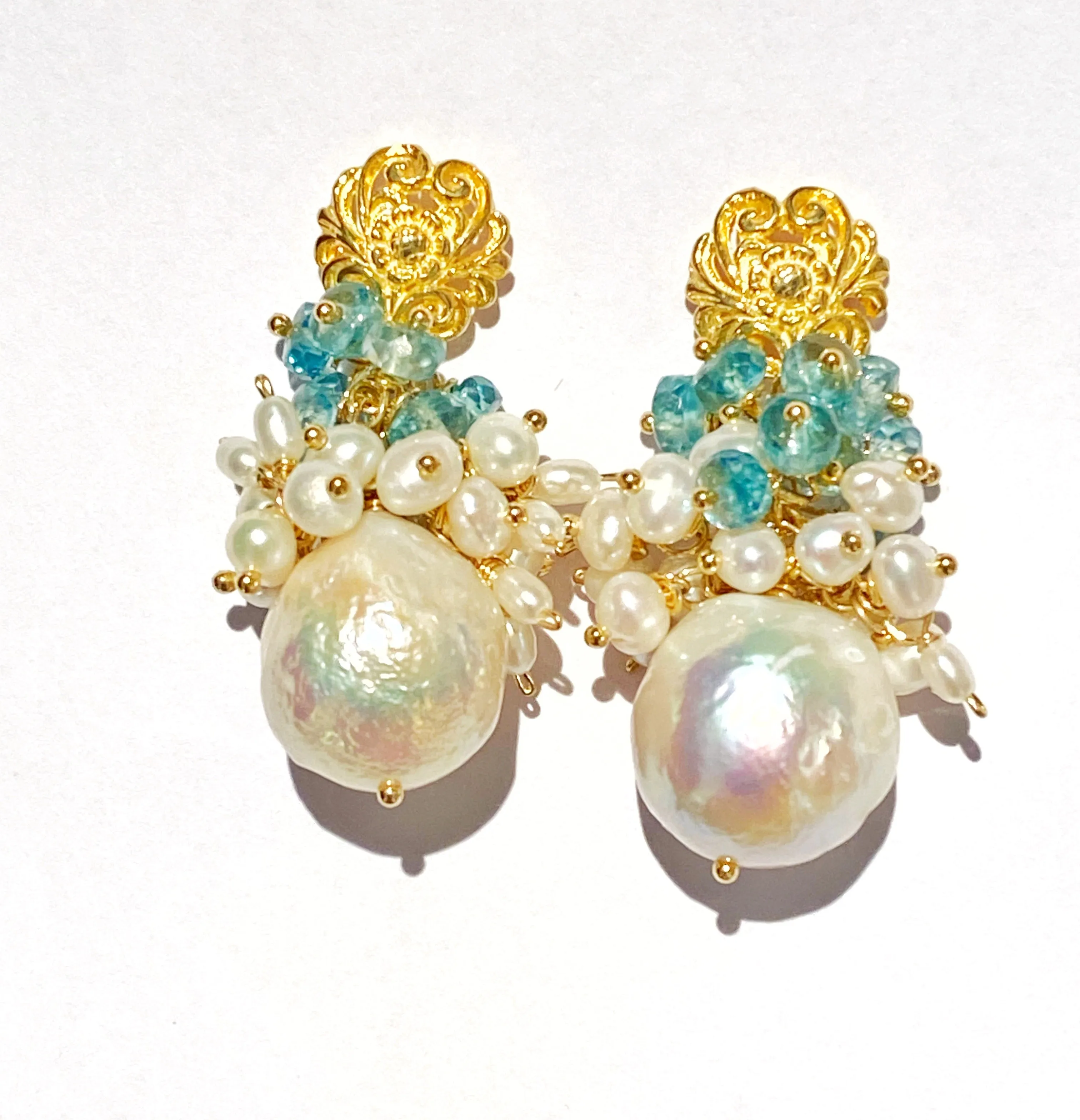 Blue Zircon Pearl Cluster Earrings Gold Post