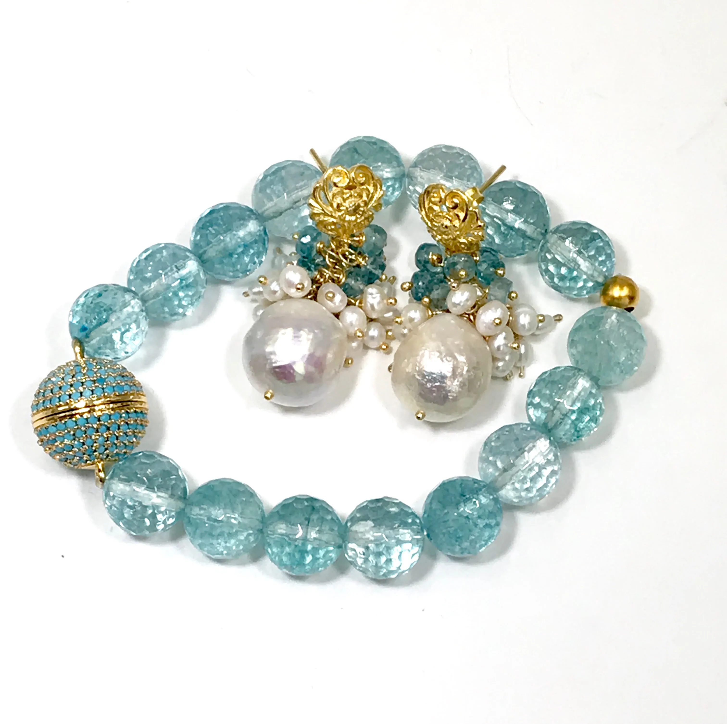Blue Zircon Pearl Cluster Earrings Gold Post