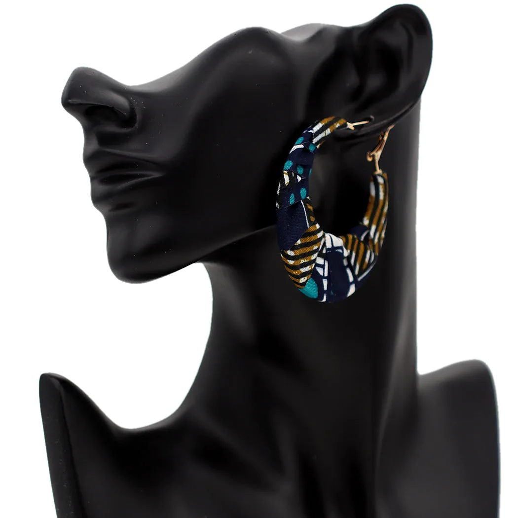 Brown Stripped Fabric Wrapped Hoop Earrings