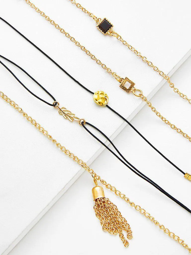Chain Tassel & Leaf Charm Bracelet Set