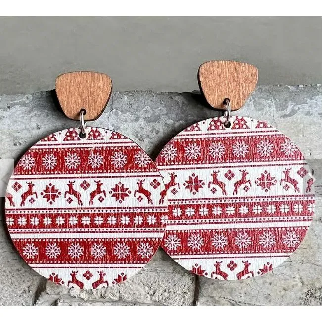 Christmas Round Wood Dangle Earrings.