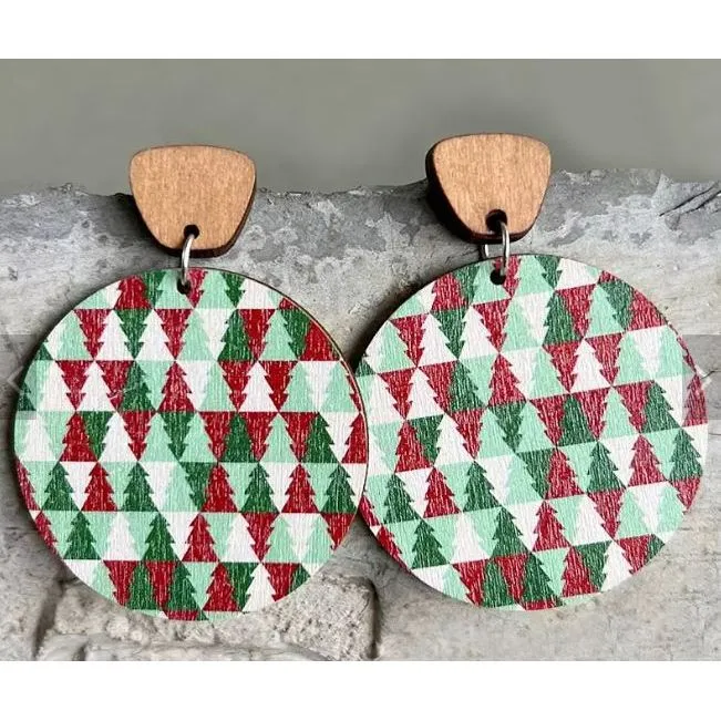 Christmas Round Wood Dangle Earrings.