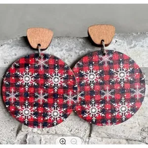 Christmas Round Wood Dangle Earrings.