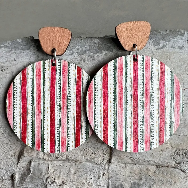 Christmas Round Wood Dangle Earrings.