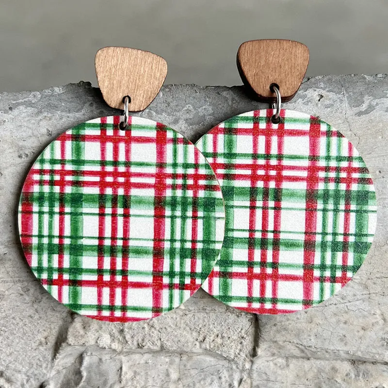 Christmas Round Wood Dangle Earrings.