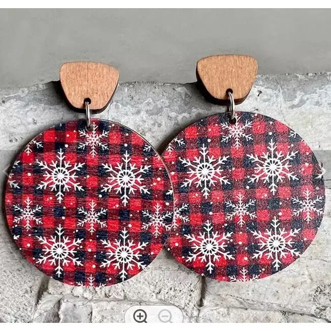 Christmas Round Wood Dangle Earrings.