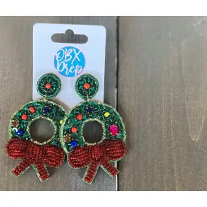 Christmas Wreath Seed Beaded Dangle Earrings
