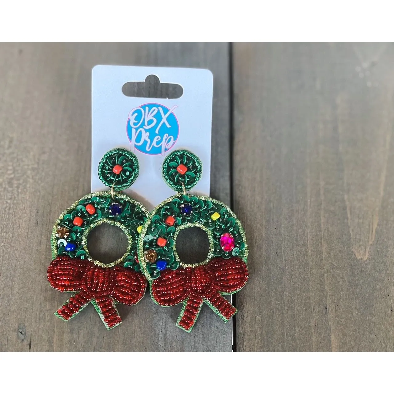 Christmas Wreath Seed Beaded Dangle Earrings